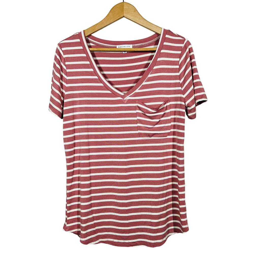 Socialite Stripe Pocket Tee Short Sleeeve Casual Top Shirt - S